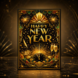 Cartão De Festividades Arte Colorida a Ouro Art Déco Feliz Ano Novo