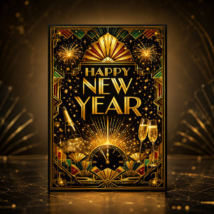 Cartão De Festividades Arte Colorida a Ouro Art Déco Feliz Ano Novo