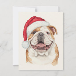 Cartão De Festividades Arte de Bulldog com Chapéu de Papai Noel em Aquare