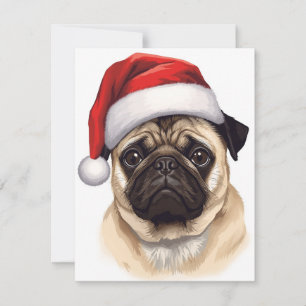 Cartão De Festividades Arte de Cachorro Pug com Chapéu de Papai Noel Nata