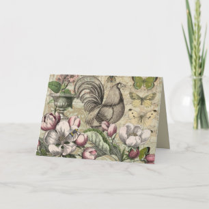 Cartão De Festividades Arte de Colagem de Jardim com Galo Vintage: País F