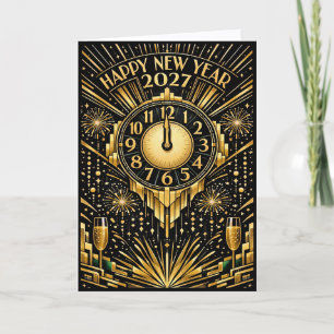 Cartão De Festividades Arte Deco Glamourosa Dourada Ano Novo Meia-Noite