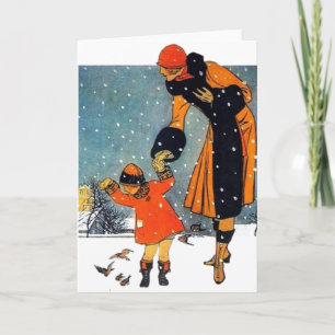 Cartão De Festividades Arte Deco Vintage de Inverno Mãe e Filho na Neve