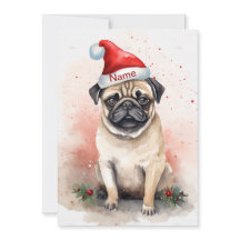 Arte em Aquarela de Pug de Natal com Poinsettia