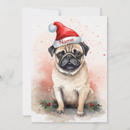 Cartão De Festividades Arte em Aquarela de Pug de Natal com Poinsettia