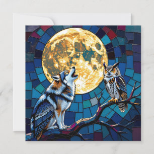 Cartão De Festividades Arte em Mosaico de Lobo e Coruja   Cumprimentos