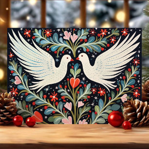 Cartão De Festividades Arte Folclórica Pombas e Floral Natal