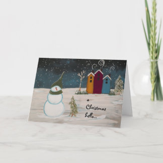 Cartão De Festividades Arte Folclórica Primitiva Snowman e Casas Colorida