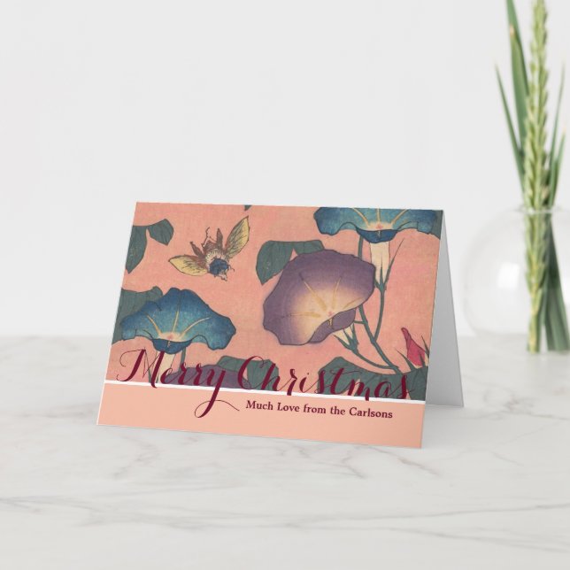 Cartão De Festividades Arte Hokusai Clássica de Flor Rosa (Frente)