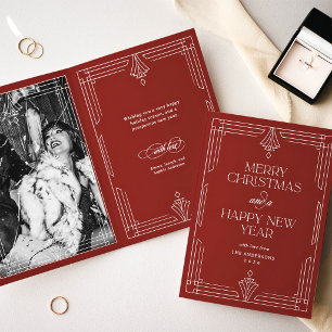 Cartão De Festividades Arte Moderna Deco de Natal Foto Vermelho Elegant