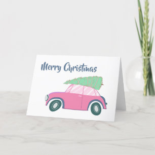 Cartão De Festividades Arte Natalina Caprichosa de Carro e Árvore Retro R