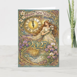 Cartão De Festividades Arte Nova Vintage Floral Feliz Ano Novo 2027