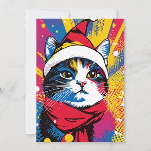 Cartão De Festividades Arte Pop Moderna e Ousada de Natal com Gato e Text