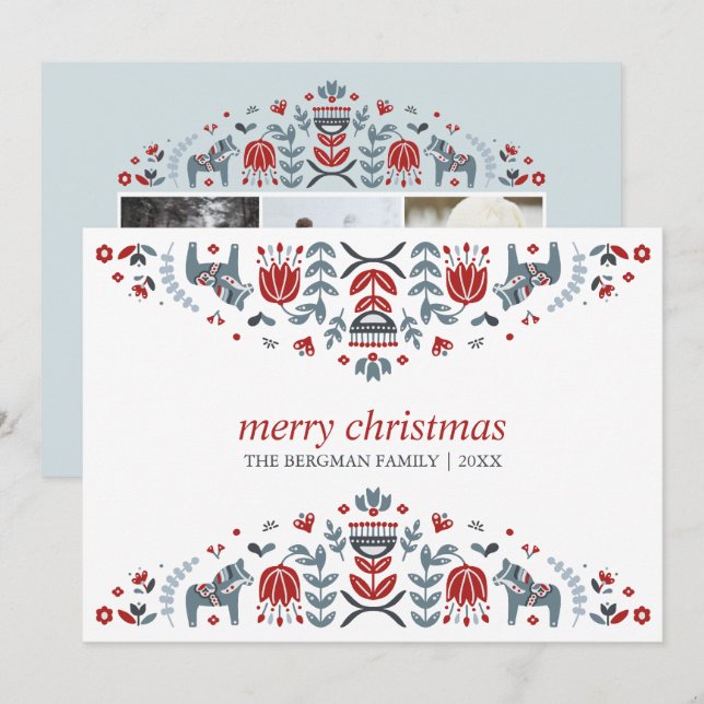 Cartão De Festividades Arte popular nórdica| Feriados de Natal 3 Foto (Frente/Verso)