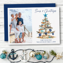 Cartão De Festividades Árvore Aquarela Mar e Saudações Foto Praia