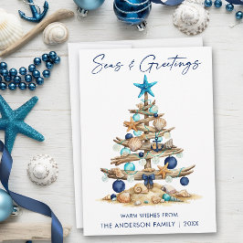 Cartão De Festividades Árvore Aquarela Mar e Saudações Praia