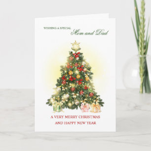 Cartão De Festividades Árvore colorida com presentes Mamãe e Papai Natal