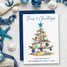 Cartão De Festividades Árvore de Aquarela no Mar e Saudações Azul