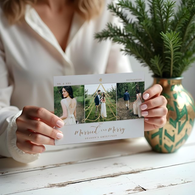 Cartão De Festividades Árvore de Férias Douradas Elegante Casada e Feliz  (Married & Merry Elegant Gold Holiday Tree 3 Photo)