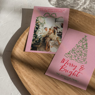 Cartão De Festividades Árvore de Fitas Vermelhas Cor-de-Rosa Desenhada à