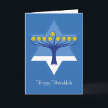 Cartão De Festividades Árvore de Hanukkah Menorah na estrela de David<br><div class="desc">Trabalhos de arte simbólicos de uma árvore estilizado do menorah com nove ramos sobre uma cena da neve do inverno dentro da estrela de David que comemora Hanukkah,  o festival de luzes.</div>