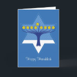 Cartão De Festividades Árvore de Hanukkah Menorah na estrela de David<br><div class="desc">Trabalhos de arte simbólicos de uma árvore estilizado do menorah com nove ramos sobre uma cena da neve do inverno dentro da estrela de David que comemora Hanukkah,  o festival de luzes.</div>
