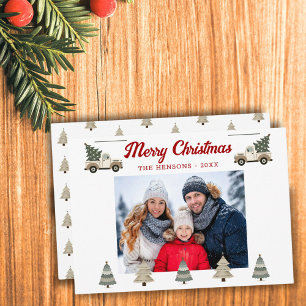 Cartão De Festividades Árvore de natais vintages na Foto da Família de Ca
