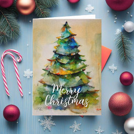 Cartão De Festividades Árvore de Natal Alegre Artística Aquarela Festiva