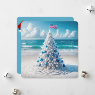 Cartão De Festividades Árvore de Natal Americana em uma praia