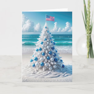 Cartão De Festividades Árvore de Natal Americana em uma praia