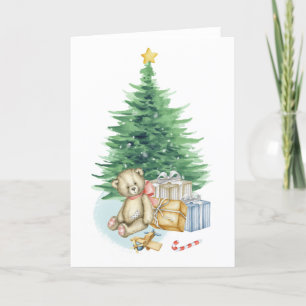 Cartão De Festividades Árvore de Natal Apresenta Aquarela Urso de Teddy