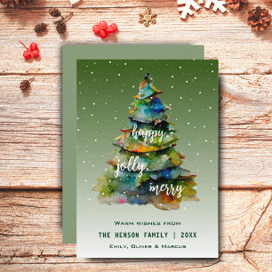 Cartão De Festividades Árvore de Natal Aquarela Alegre Jolly Feliz 