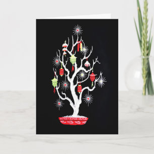 Cartão De Festividades Árvore de Natal Asiática do Meio século Vintage