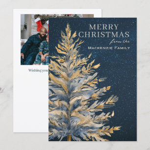 Cartão De Festividades Árvore de Natal Azul Dourado Foto Personalizada