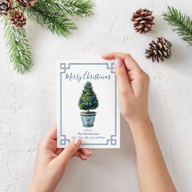 Cartão De Festividades Árvore de Natal Azul e Branco (Chinoiserie Christmas topiary tree card)
