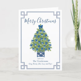 Cartão De Festividades Árvore de Natal Azul e Branco em Estilo Chinoiseri