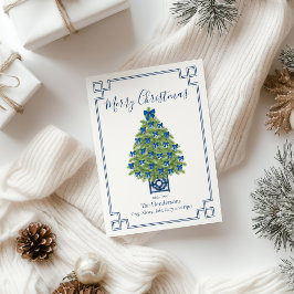 Cartão De Festividades Árvore de Natal Azul e Branco em Estilo Chinoiseri