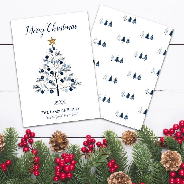 Cartão De Festividades Árvore de Natal Azul e Dourada (Modern Blue and Gold Personalized Christmas Tree Holiday Card Front and Back)