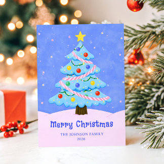 Cartão De Festividades Árvore de Natal Azul e Rosa Minimalista