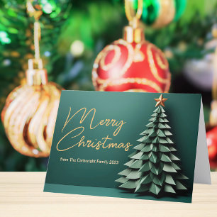 Cartão De Festividades Árvore de Natal Bela e Dourada Dobrada Verde