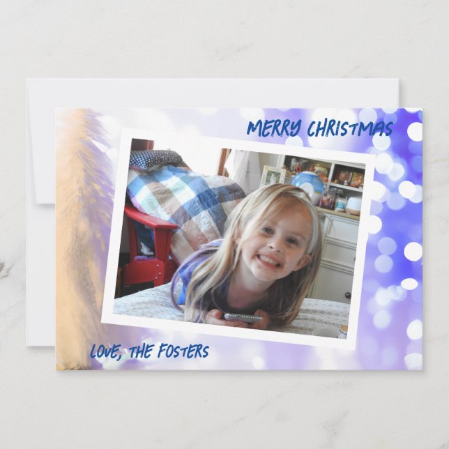 Cartão De Festividades Árvore de Natal Branca com Efeito Bokeh Azul Foto  (Frente)