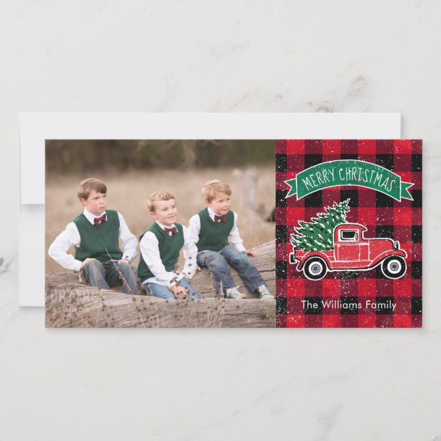 Cartão De Festividades Árvore de Natal Caminhão Antigo Xadrez Vermelho de (Frente)