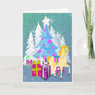 Cartão De Festividades Árvore de Natal com Cavalo e presentes FAUX Glitt