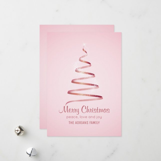 Cartão De Festividades Árvore de Natal com laço rosa (Frente/Verso In Situ)