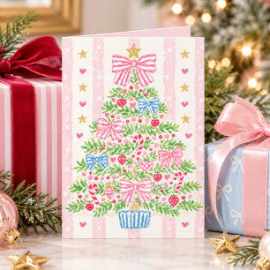 Cartão De Festividades Árvore de Natal com Laço Rosa Listrado Caprichoso