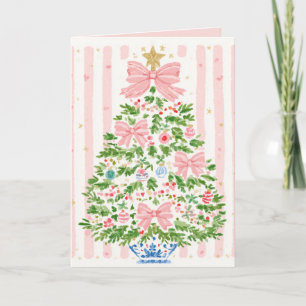 Cartão De Festividades Árvore de Natal com Laço Rosa Listrado Caprichoso