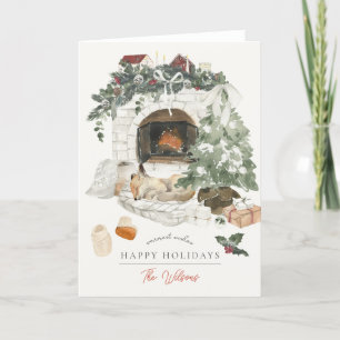 Cartão De Festividades Árvore de Natal da Lareira Cozy Fox Watercolor