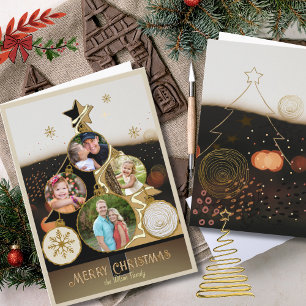 Cartão De Festividades Árvore de Natal de 4 Fotos Warm Bokeh Preto e Dour