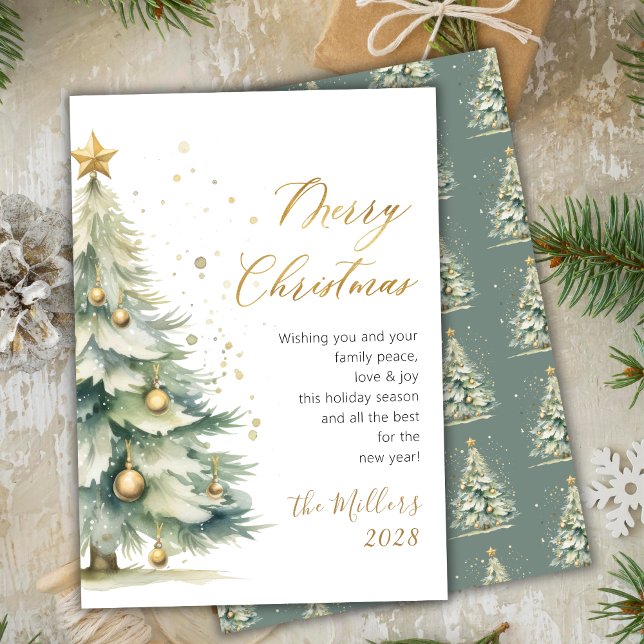 Cartão De Festividades Árvore de Natal de Aquarela Dourada Moderna (Criador carregado)