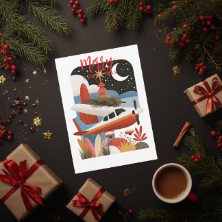 Cartão De Festividades Árvore de Natal de Avião Retrô Foto da Família Div